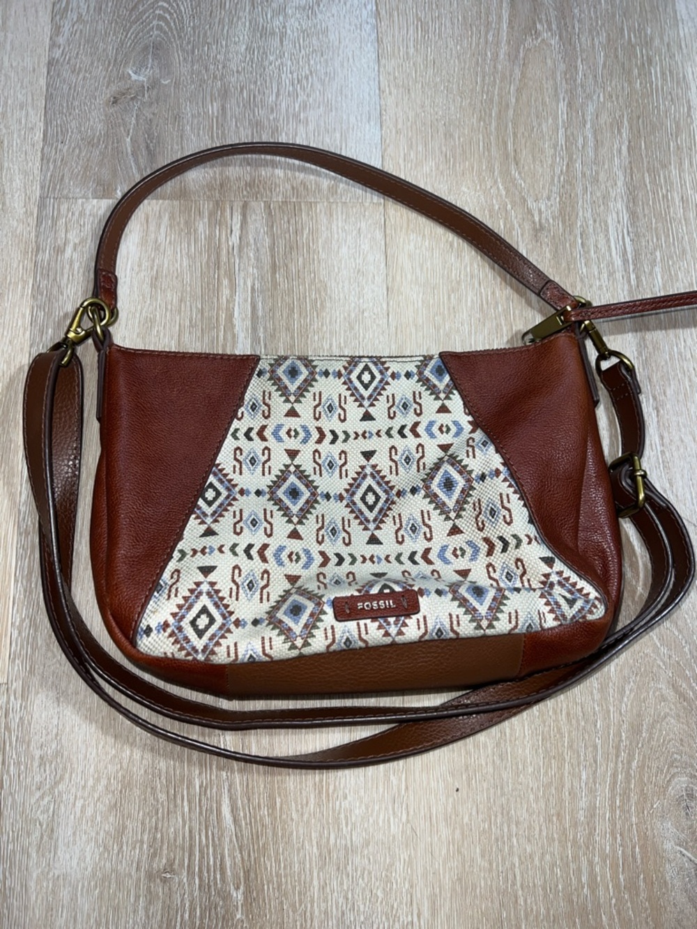 Fossil Brown Leather Crossbody with Ivory Aztec Print